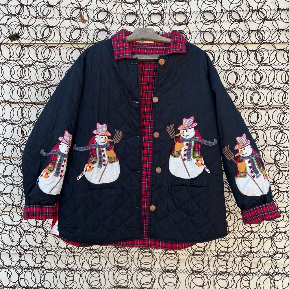 Vintage Americana appliqué snowman quilted jacket reversible w black red plaid